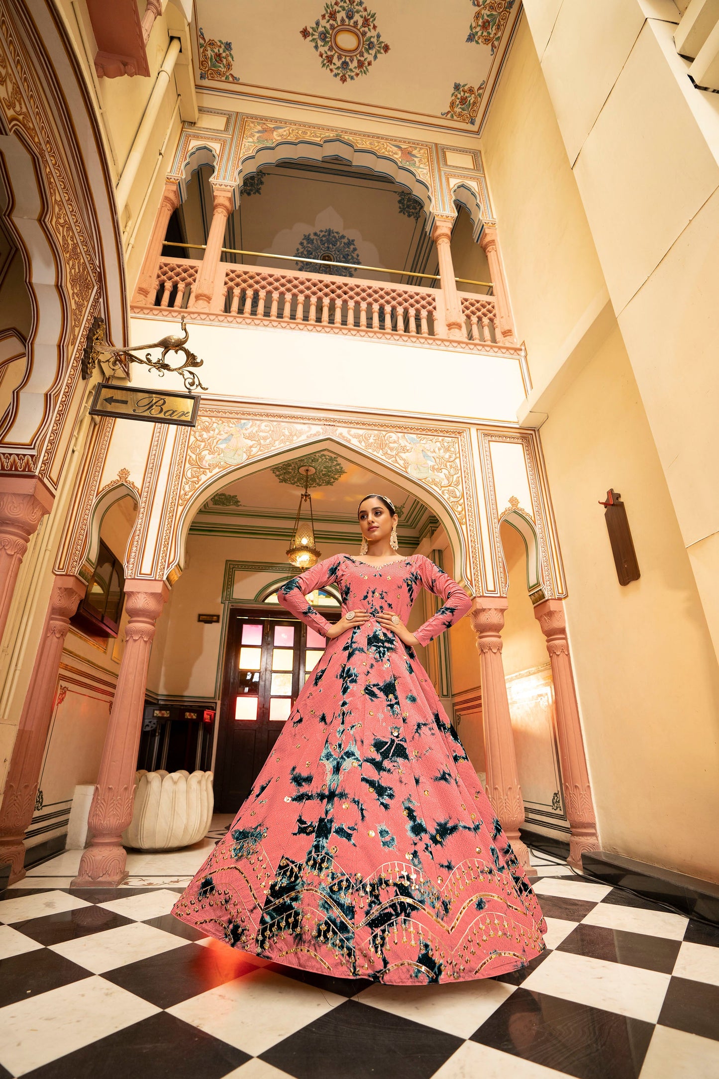 Peach Partywear Sequin Work Gown