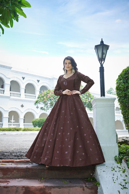 Maroon Sequins Embroidered Jacket Style Party Wear Cotton Gown