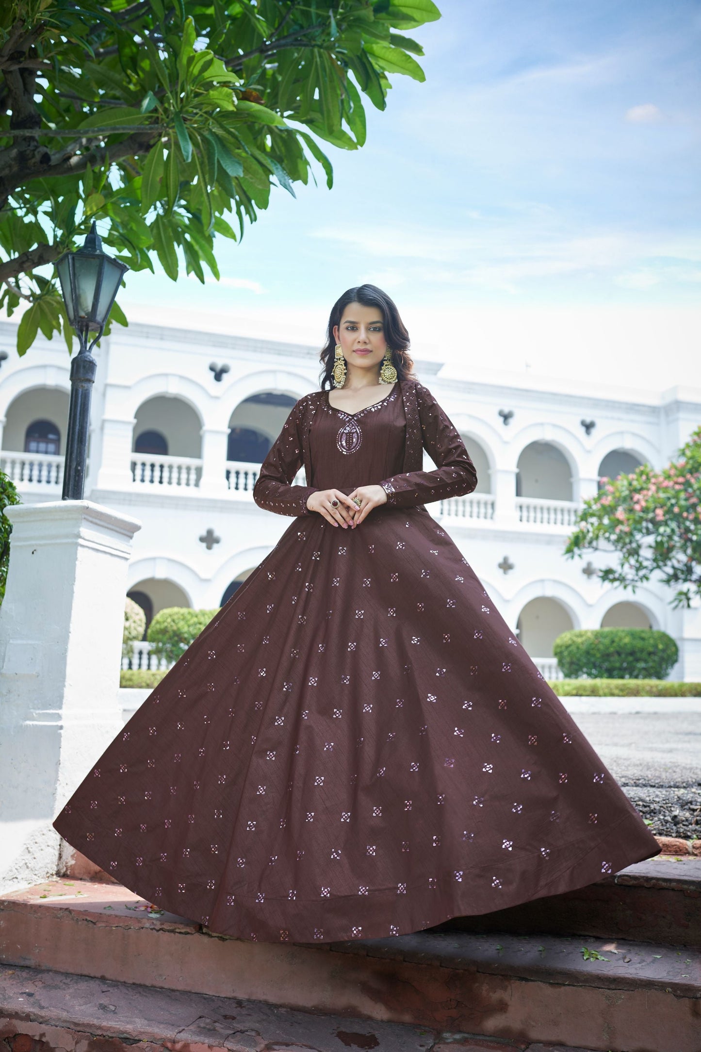 Maroon Sequins Embroidered Jacket Style Party Wear Cotton Gown