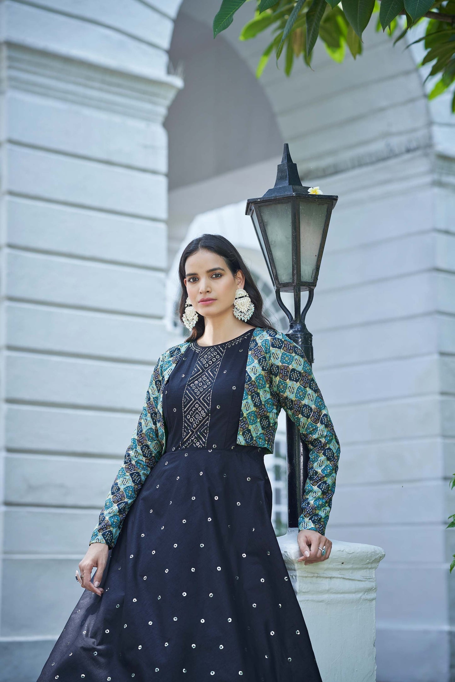 Blue Sequins Embroidered Jacket Style Party Wear Cotton Gown