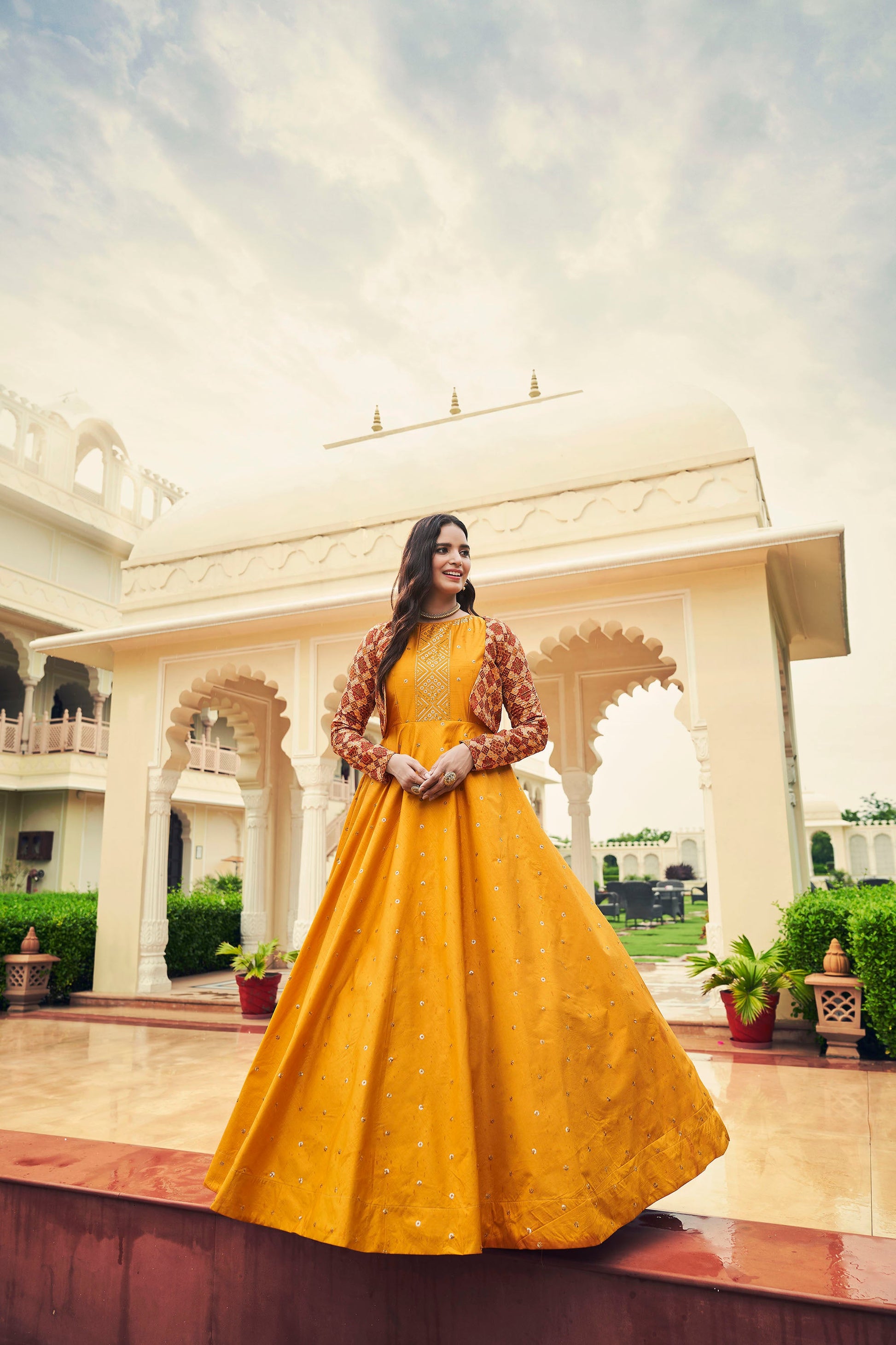 Mustard Yellow Cotton Sequence Embroidery Gown