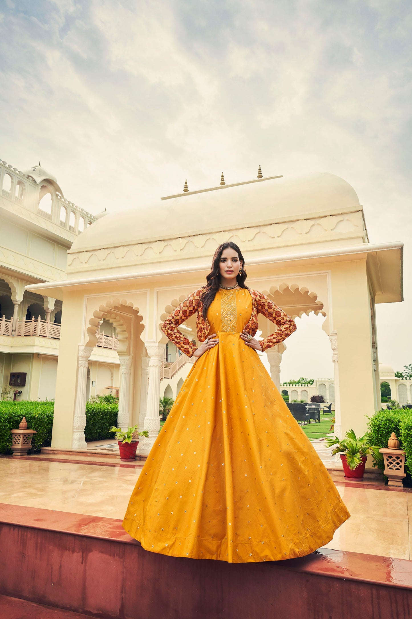 Mustard Yellow Cotton Sequence Embroidery Gown