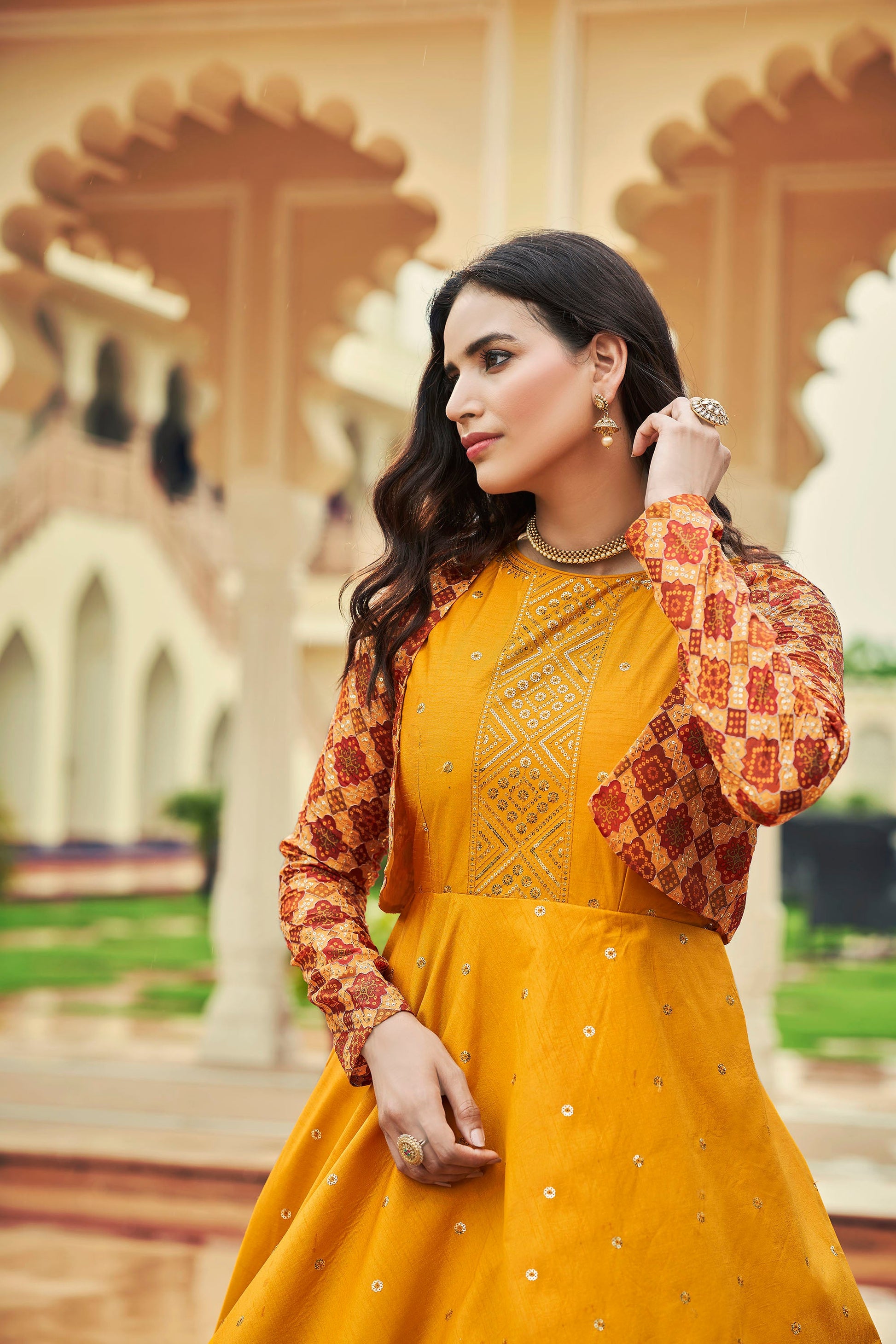 Mustard Yellow Cotton Sequence Embroidery Gown