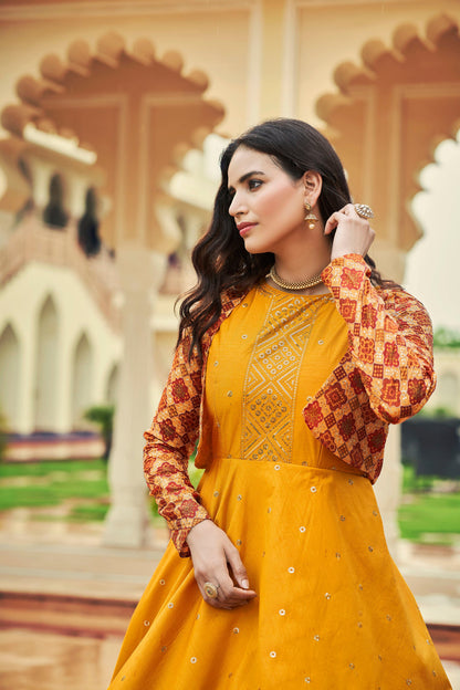 Mustard Yellow Cotton Sequence Embroidery Gown