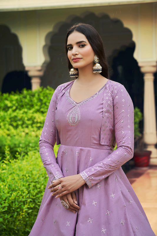 Light Purple Embroidery  Sequence Cotton  Gown for Mehendi -   Rent