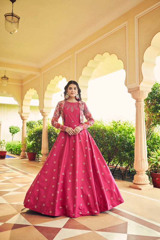 Pink Cotton Sequence Embroidery Gown for Mehendi -  Rent