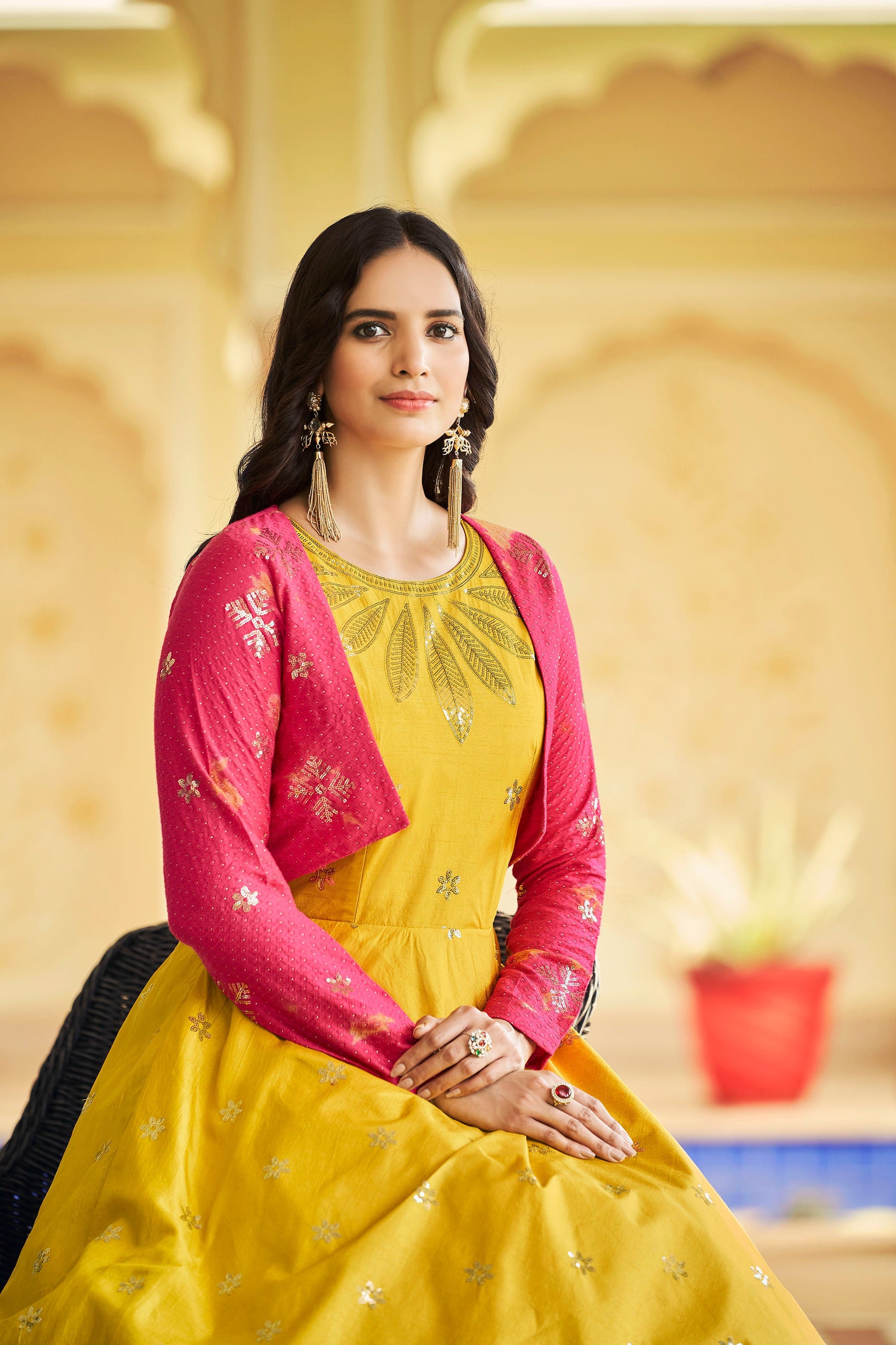 Yellow Cotton Sequence Embroidery Gown