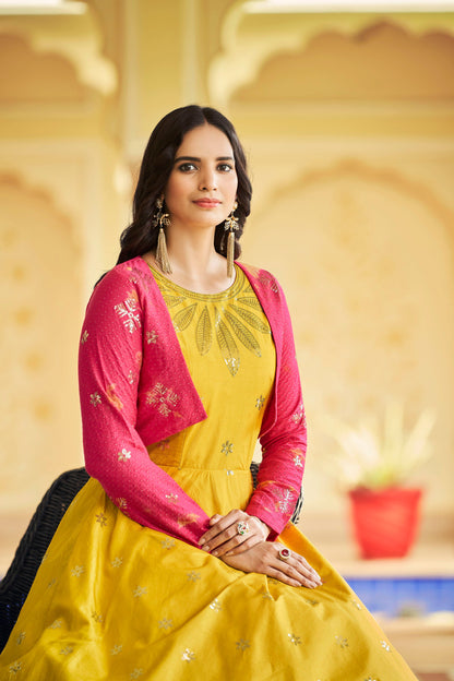 Yellow Cotton Sequence Embroidery Gown