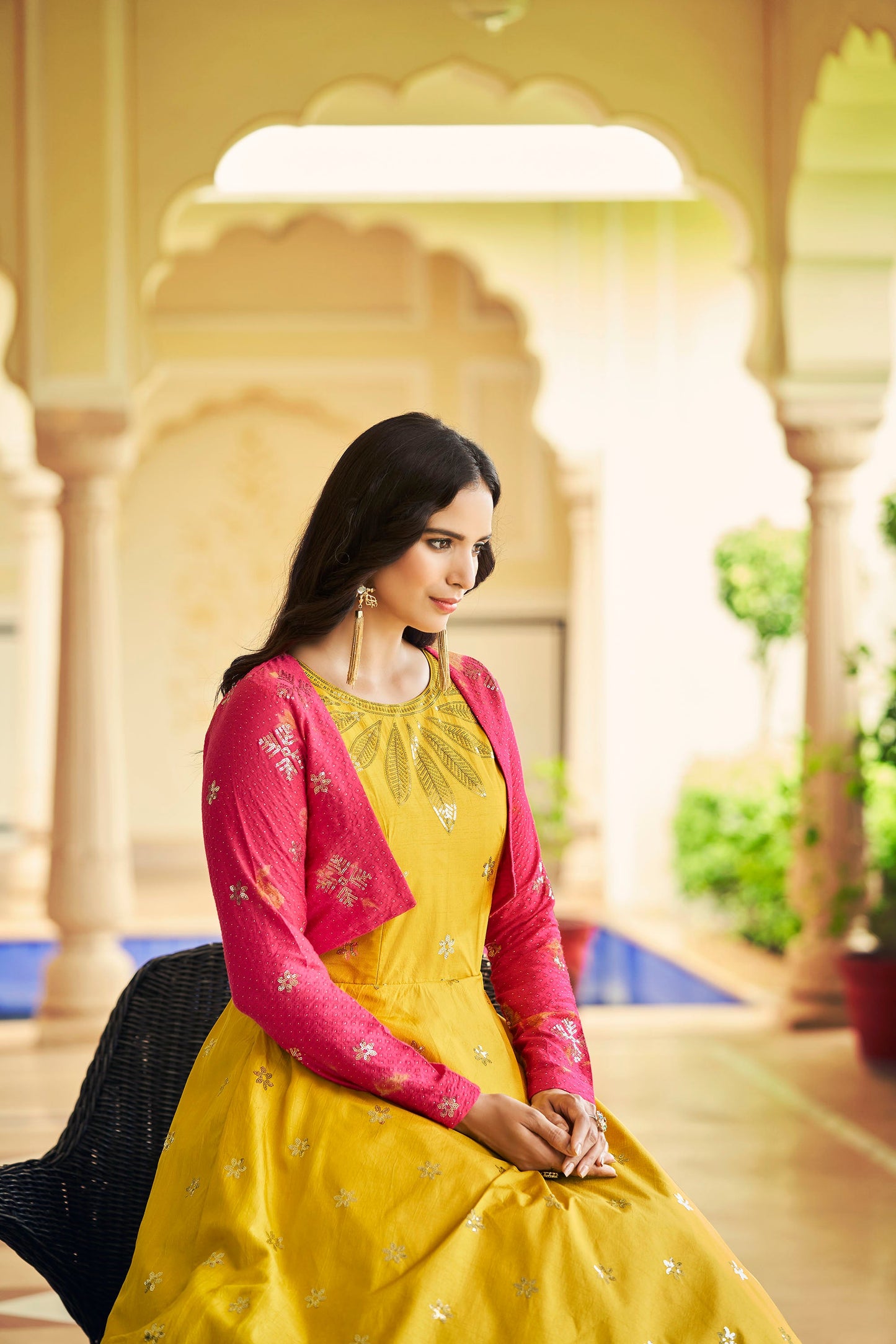 Yellow Cotton Sequence Embroidery Gown