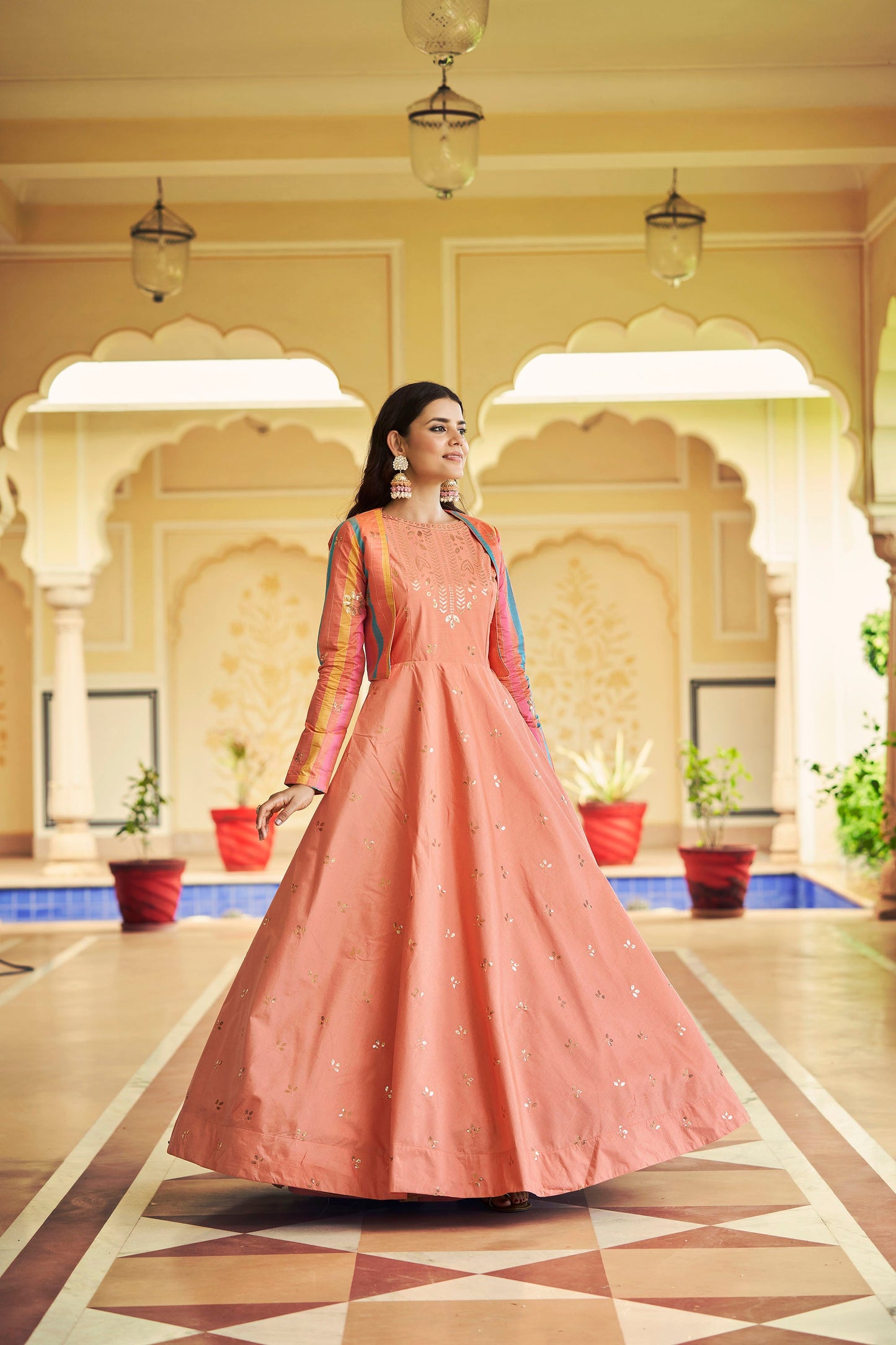 Peach Cotton Sequence Embroidery Gown