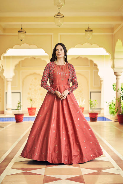 Orange Cotton Sequence Embroidery Gown