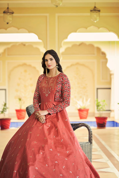 Orange Cotton Sequence Embroidery Gown for Mehendi