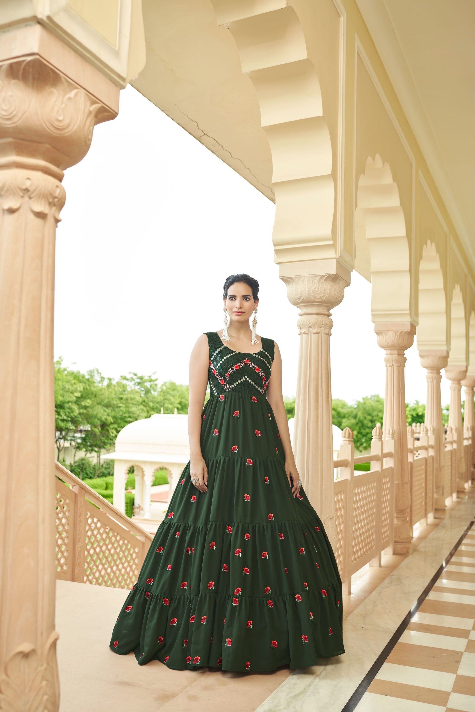 Olive Green Multi Embroidered Flared Anarkali Gown for Mehendi