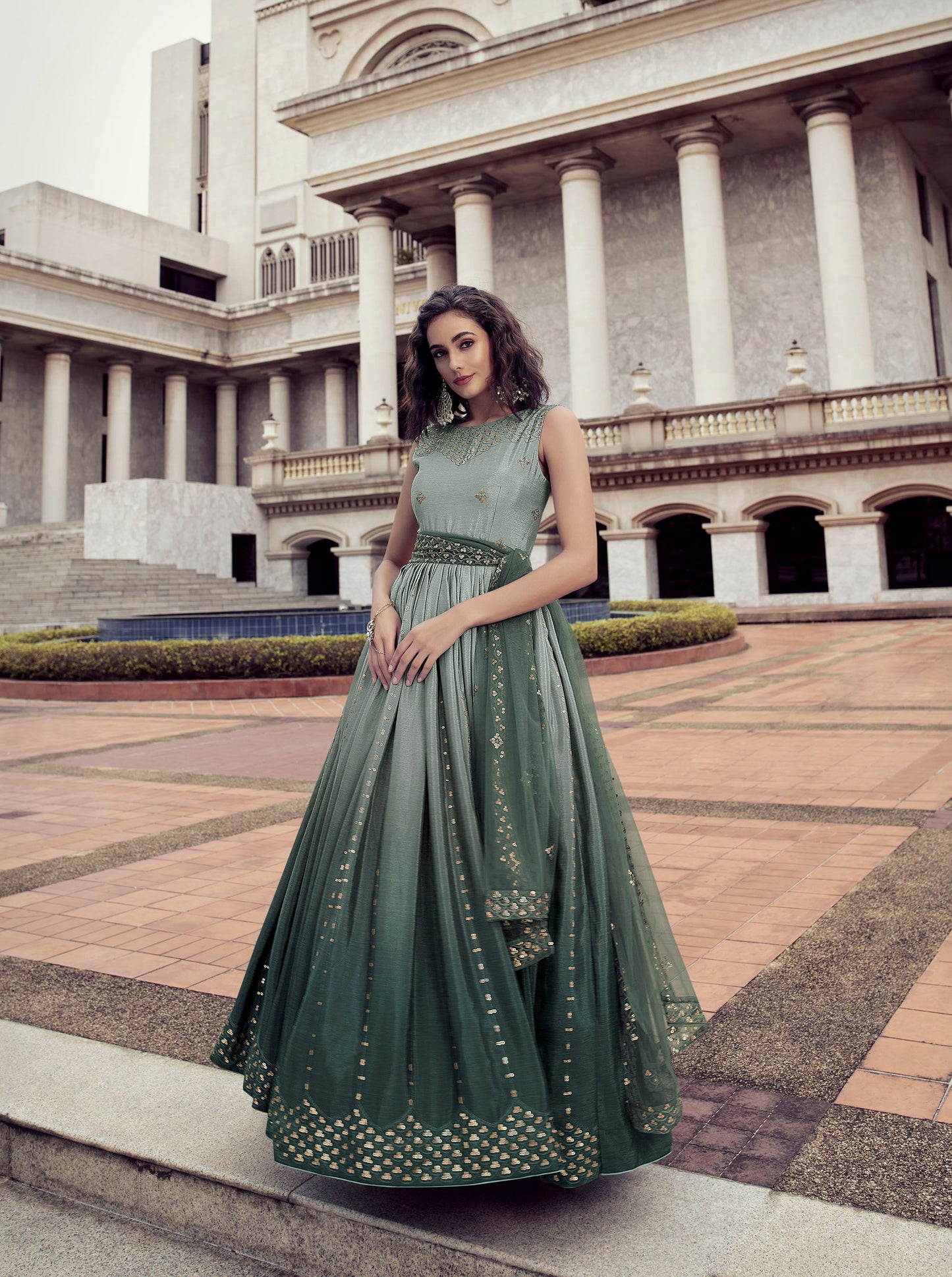 Stunning Pista & Green Color Chinnon Anarkali