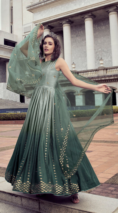 Stunning Pista & Green Color Chinnon Anarkali