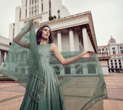 Stunning Pista & Green Color Chinnon Anarkali