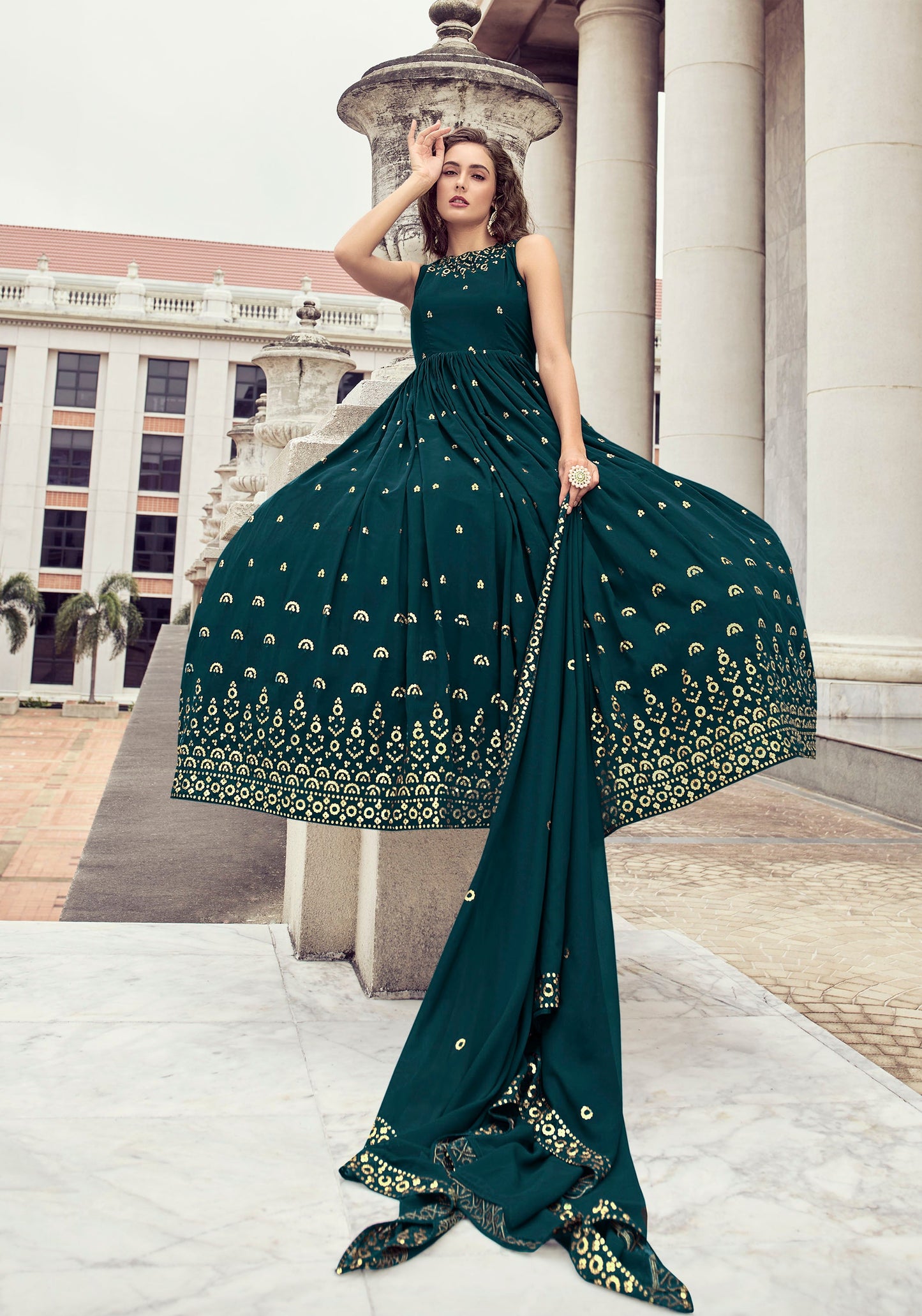 Green Georgette Sequence Embroidery Anarkali  for Mehendi