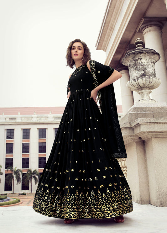 Black  Color Sequence Georgette  Embroidery Anarkali for - Rent