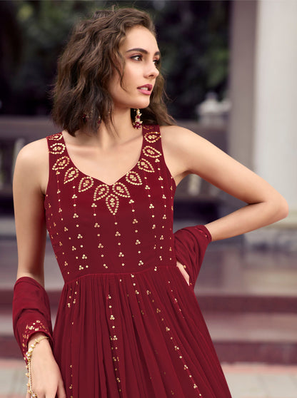 Maroon Color Georgette Sequence Embroidery Anarkali  for Bridesmaid