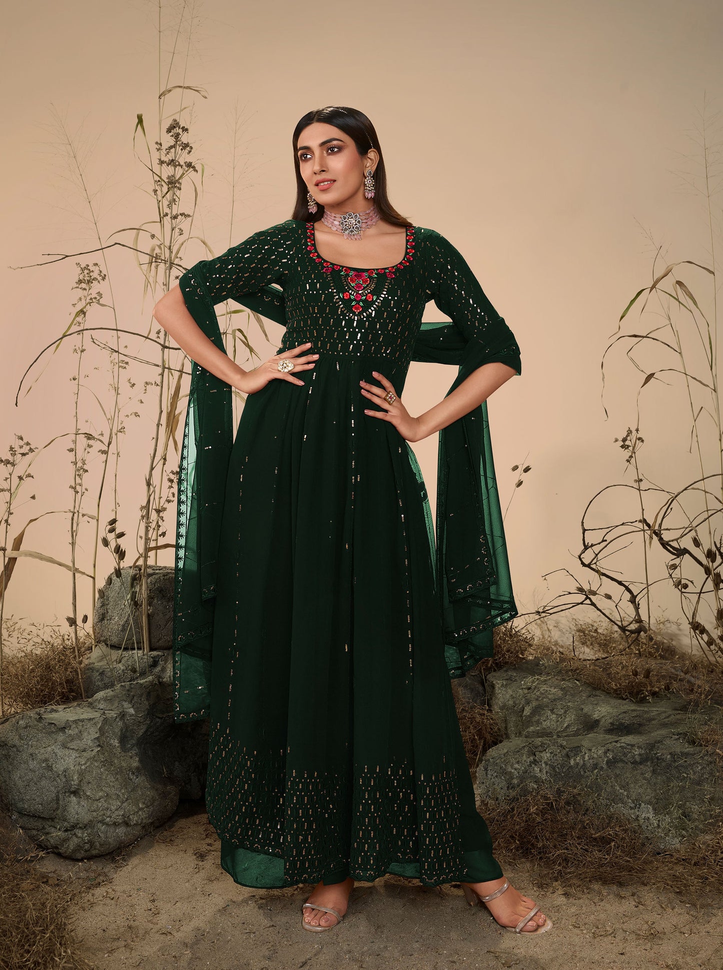 Green Georgette Sequence Work Partywear Anarkali