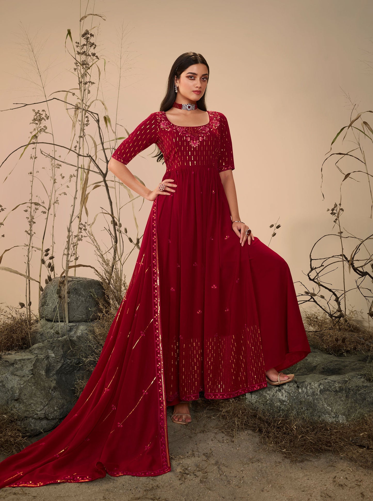 Maroon Georgette Sequence Work Partywear Anarkali