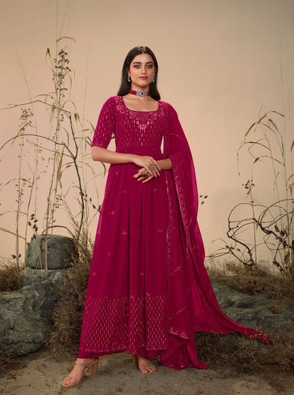 Deep Pink Georgette Sequence Work Partywear Anarkali