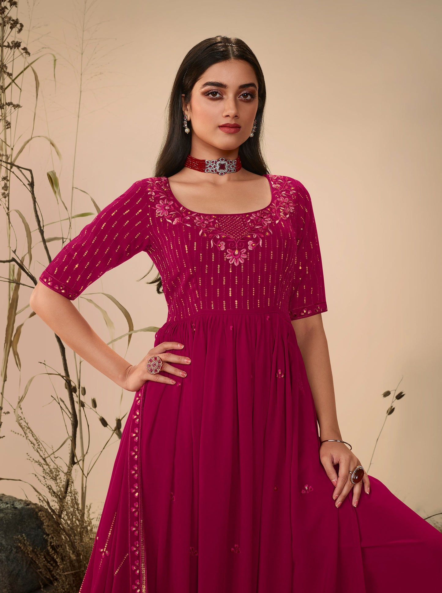 Deep Pink Georgette Sequence Work Partywear Anarkali