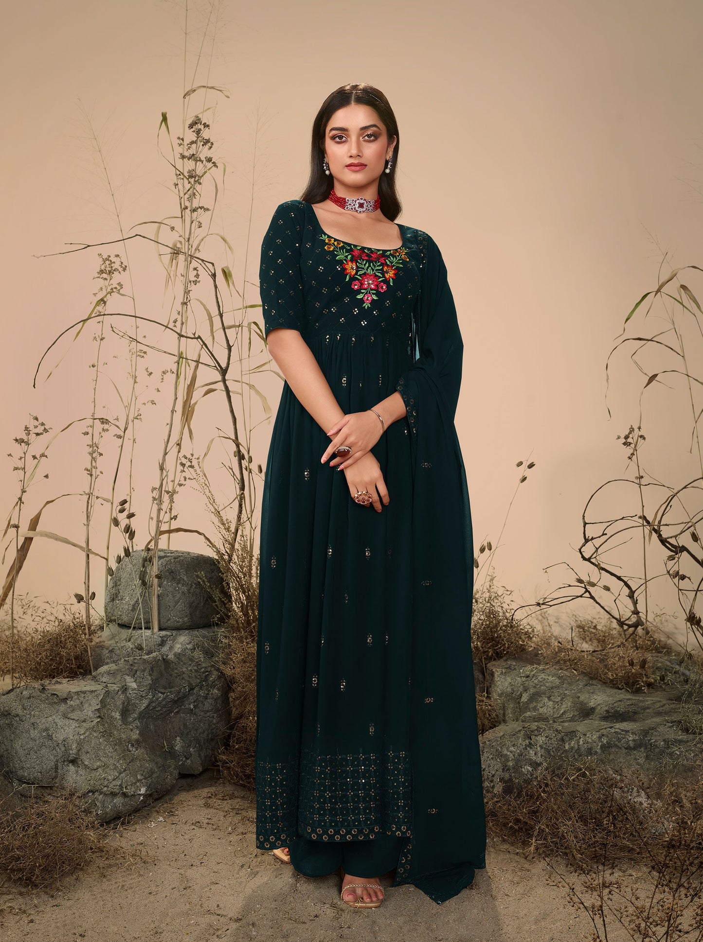 Dark Olive Green Georgette Sequence Work Partywear Anarkali