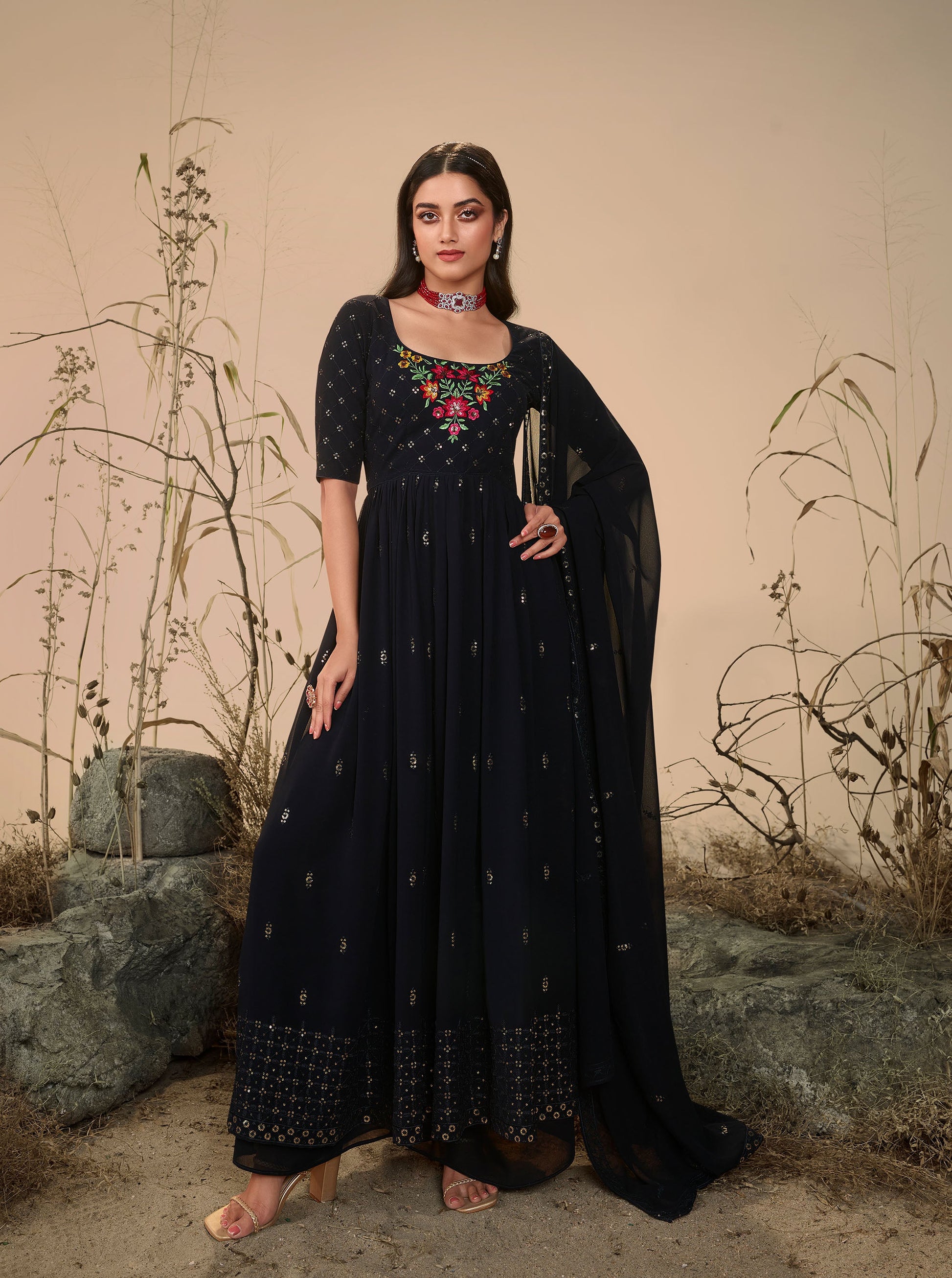 Dark Blue Color Georgette Sequence Work Partywear Anarkali