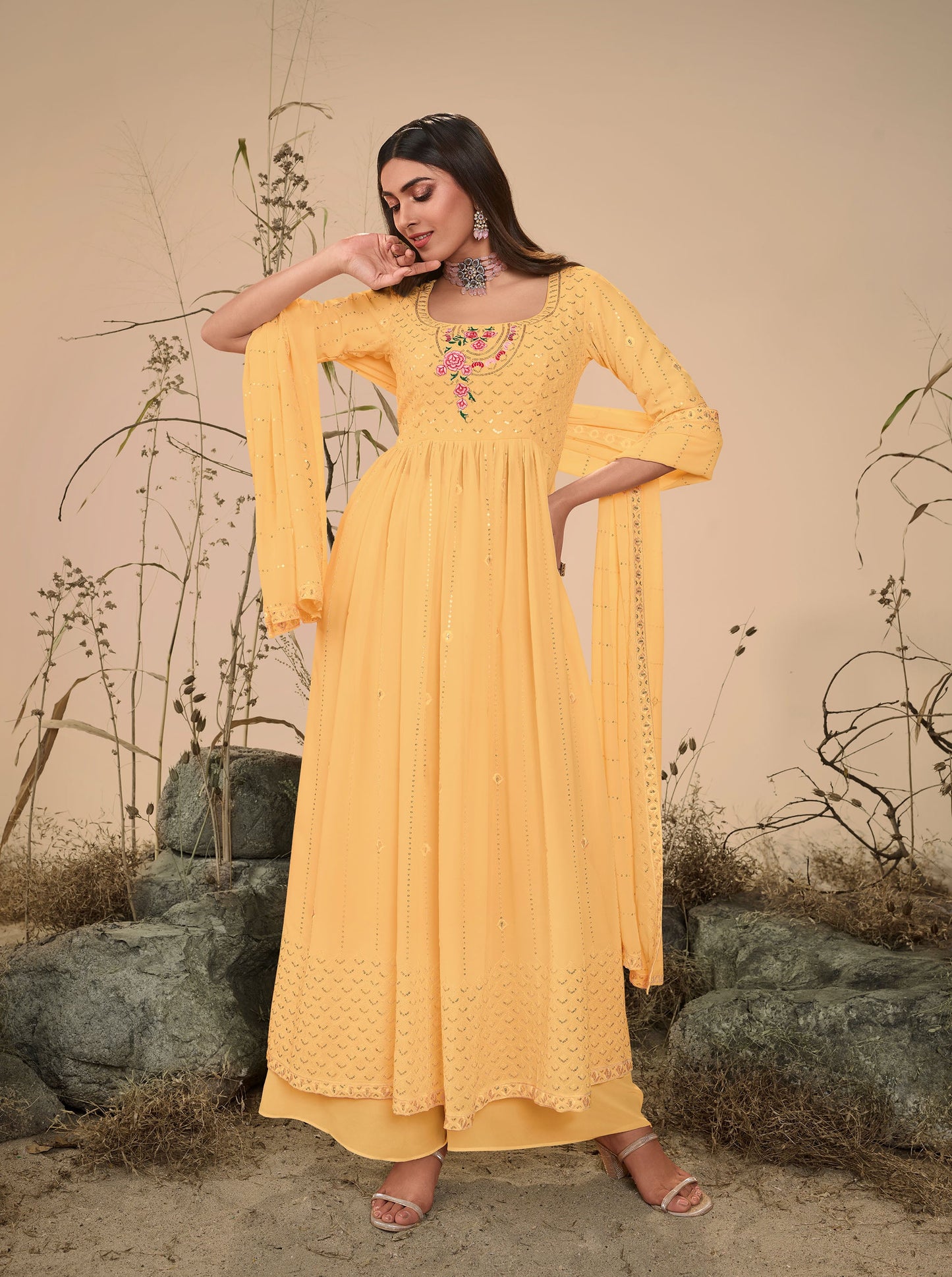 Yellow Georgette Sequence Work Partywear Anarkali