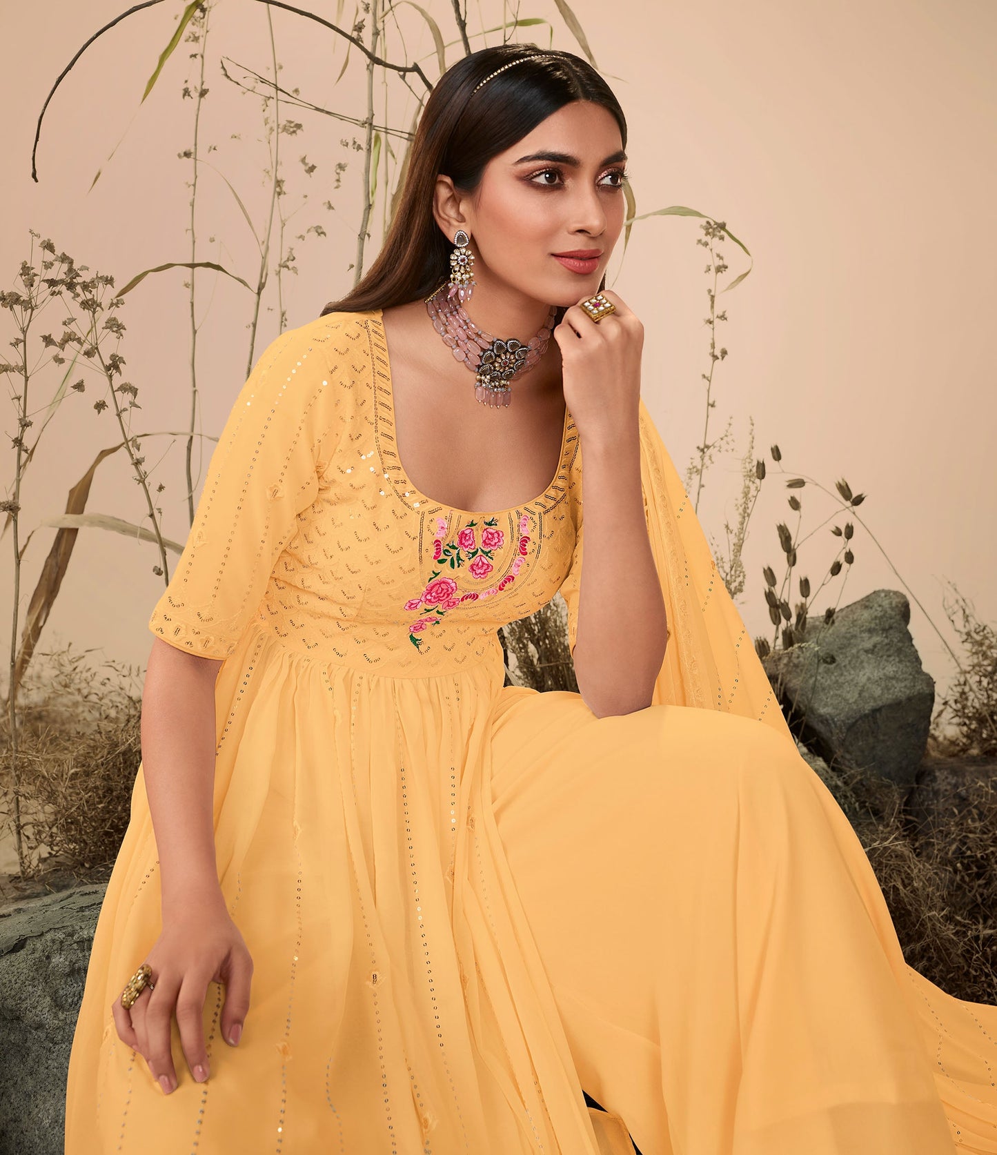 Yellow Georgette Sequence Work Partywear Anarkali