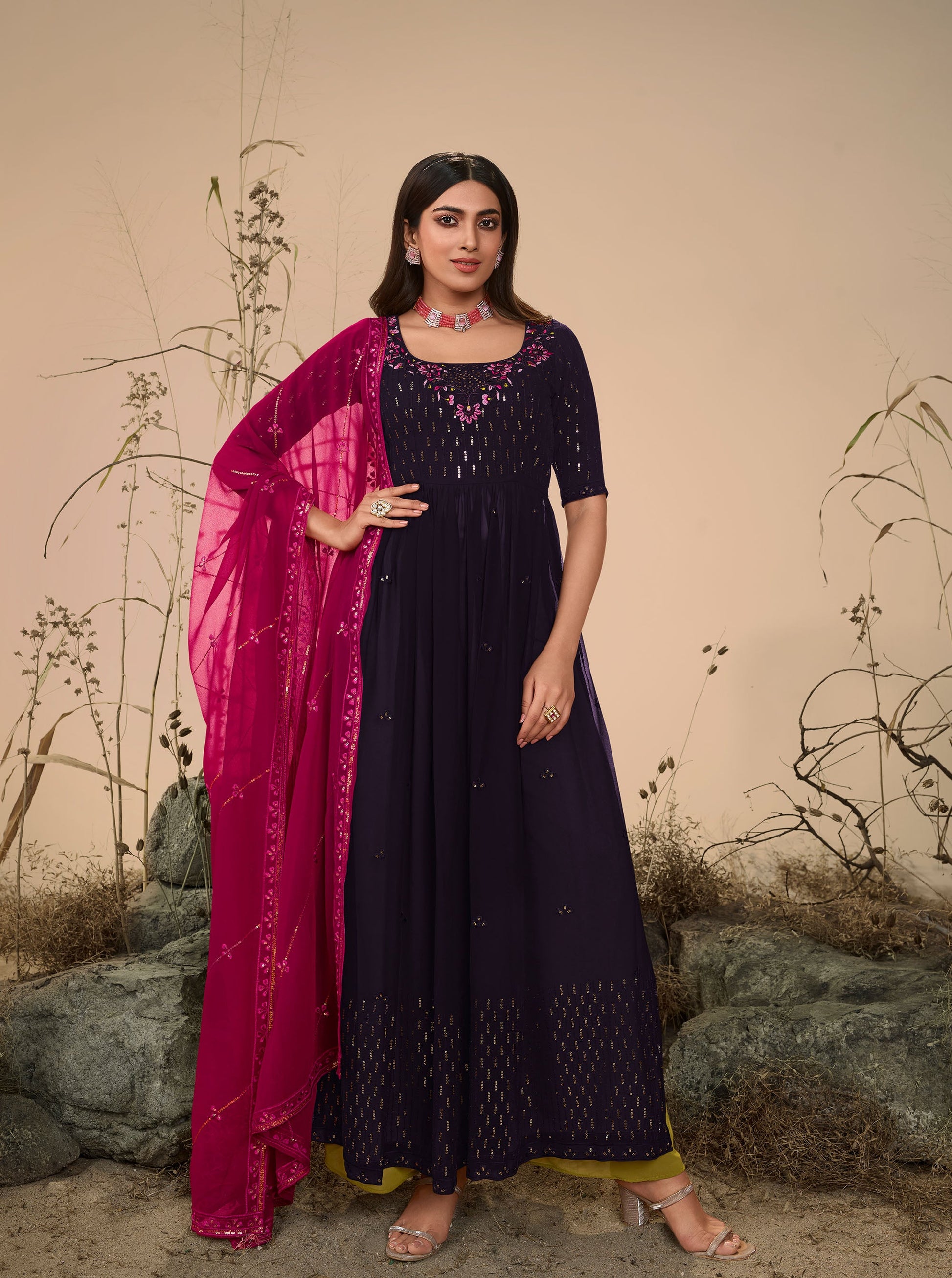 Dark Purple Color Georgette Sequence Work Partywear Anarkali