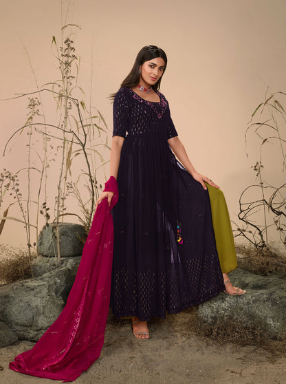 Dark Purple Color Georgette Sequence Work Partywear Anarkali