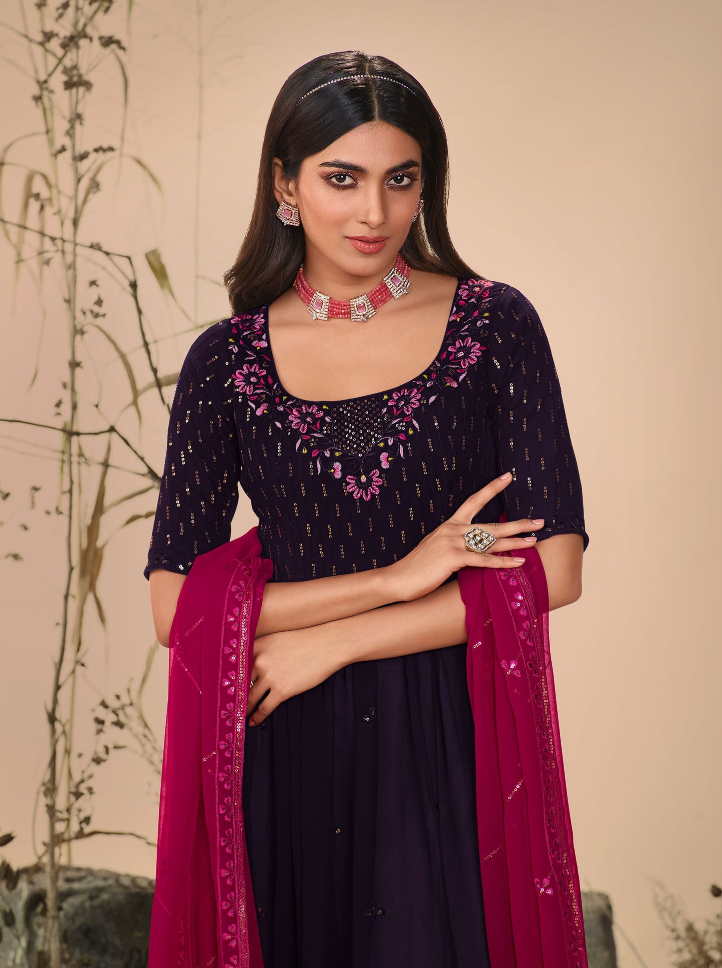 Dark Purple Color Georgette Sequence Work Partywear Anarkali