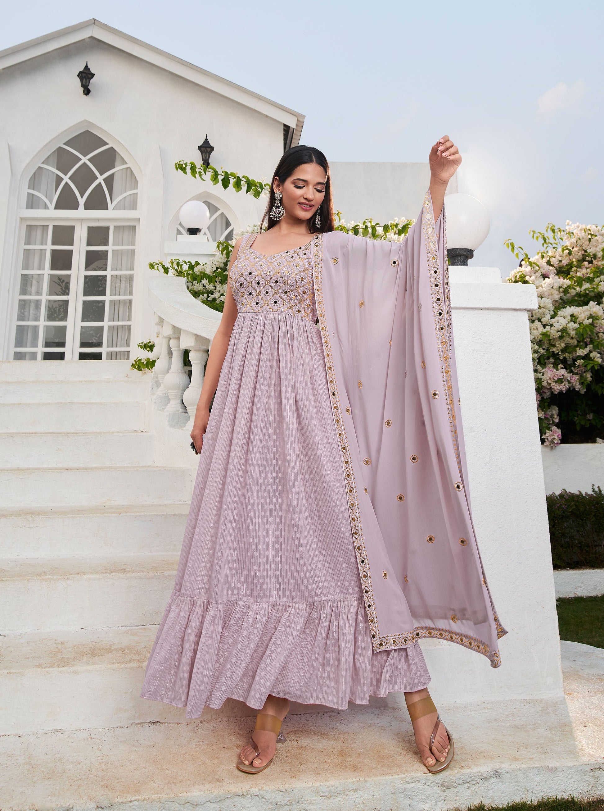 Light Purple Sequins Embroidery Georgette Anarkali for Wedding guest