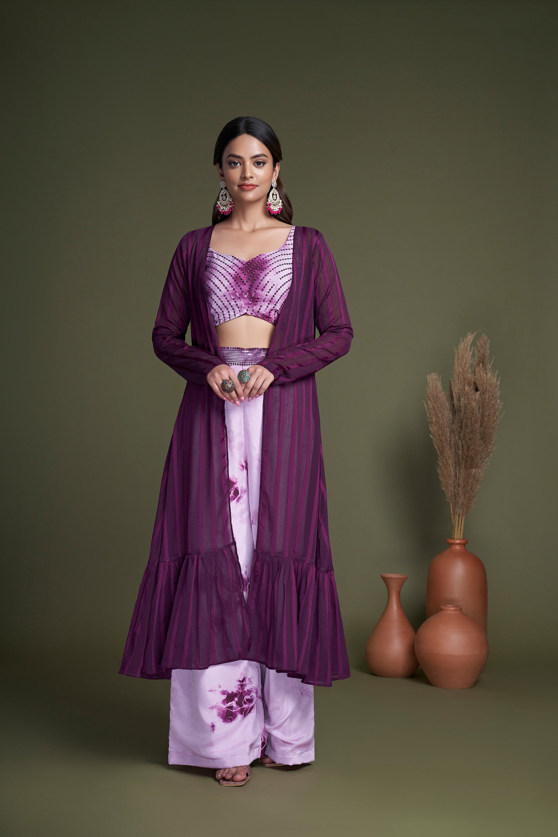 Purple Embroidered Silk Party Wear Palazzo