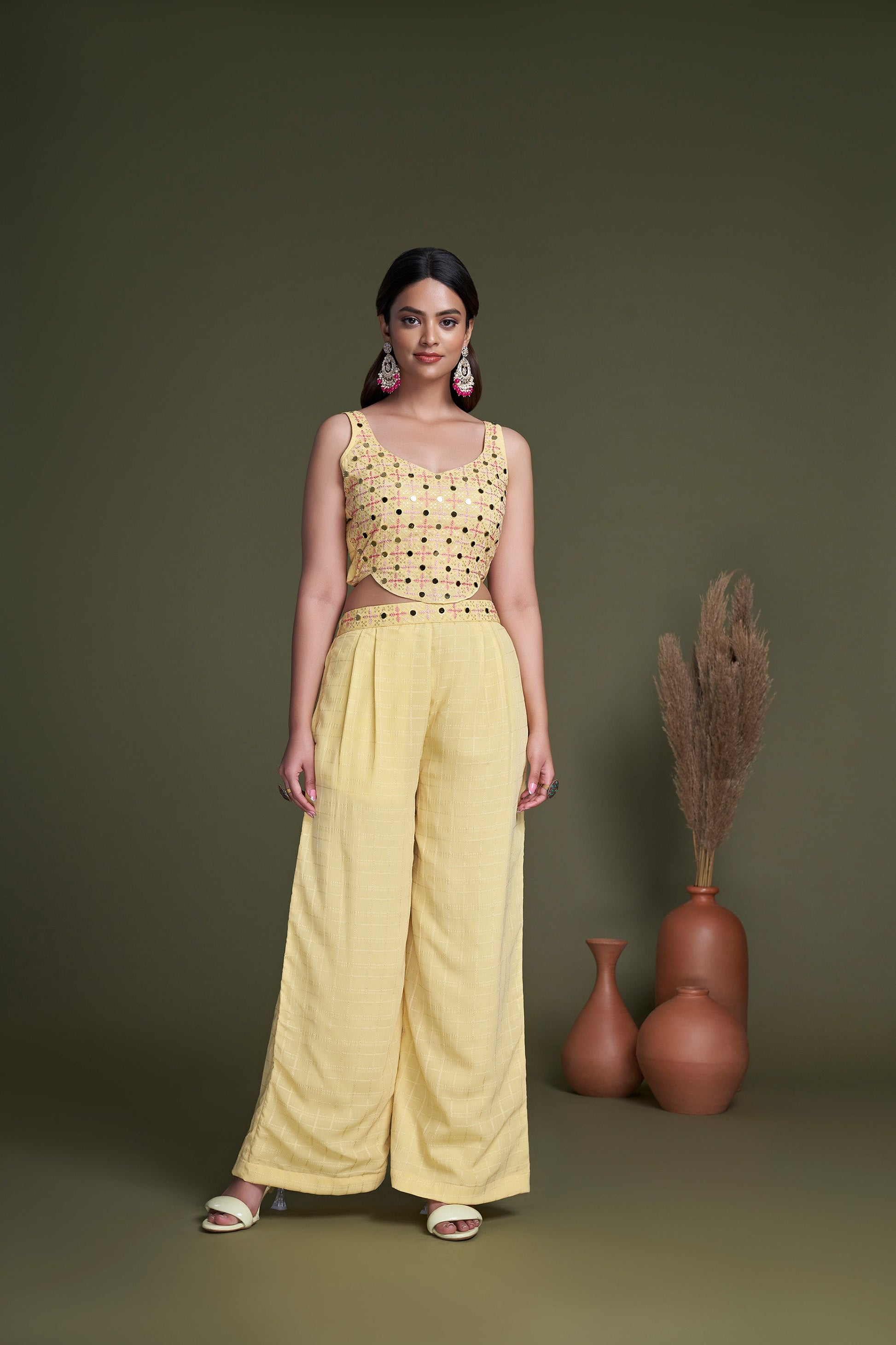 Yellow Mirror Embroidered Georgette Party Wear Palazzo