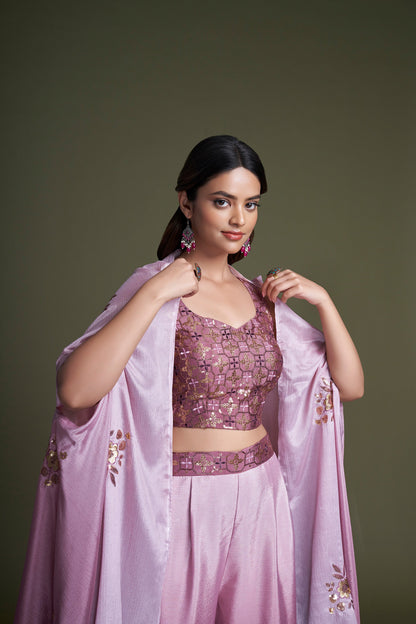 Pink Embroidered Chinnon Party Wear Palazzo