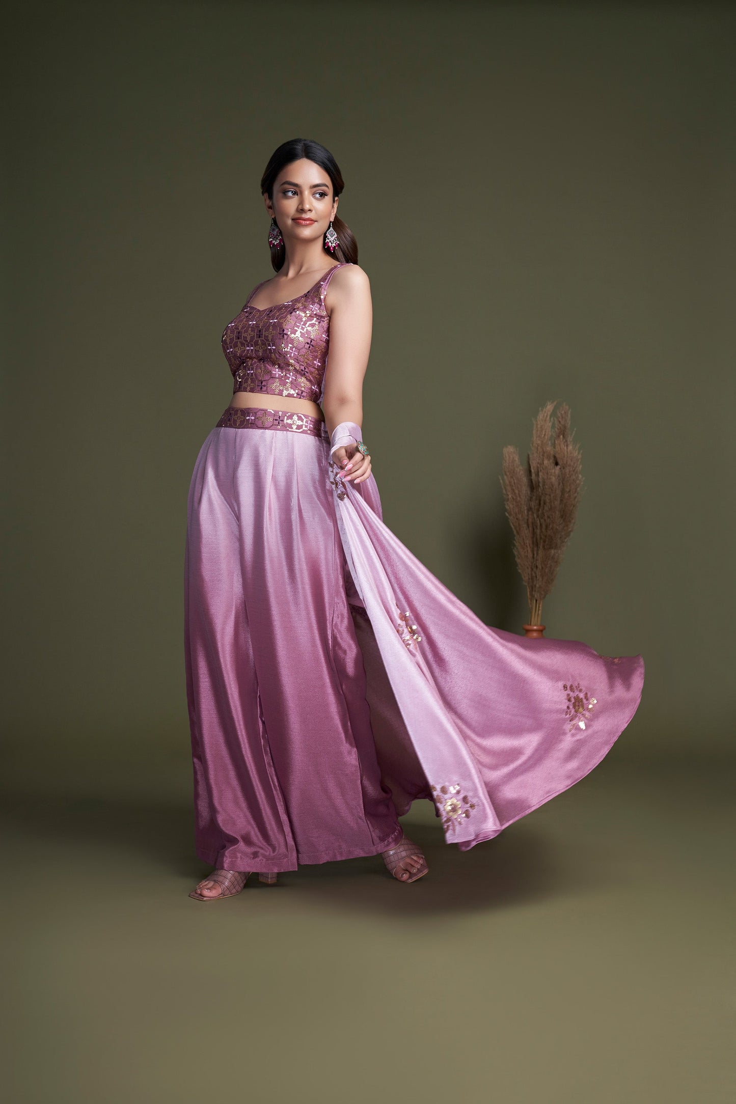 Pink Embroidered Chinnon Party Wear Palazzo