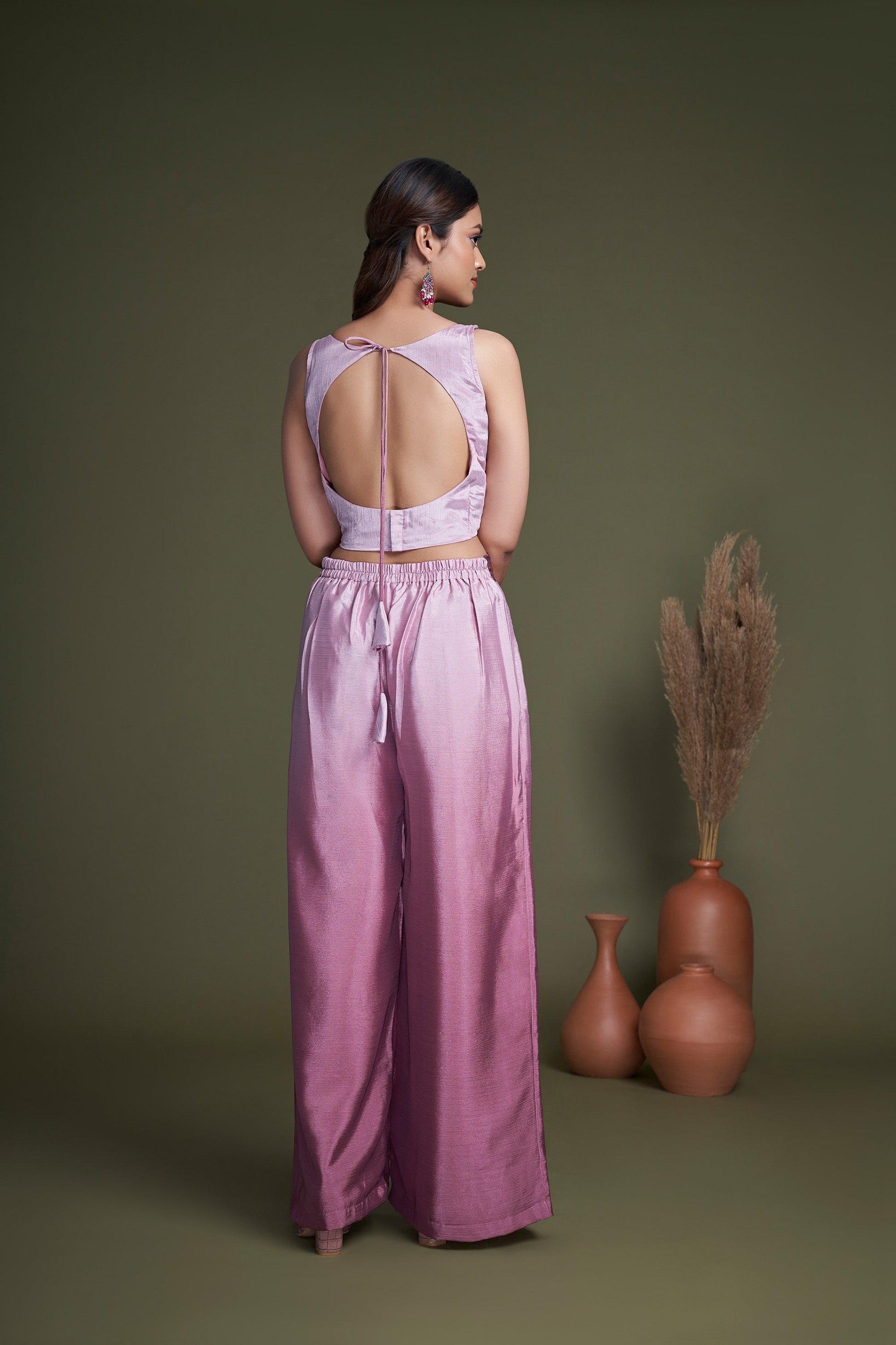 Pink Embroidered Chinnon Party Wear Palazzo