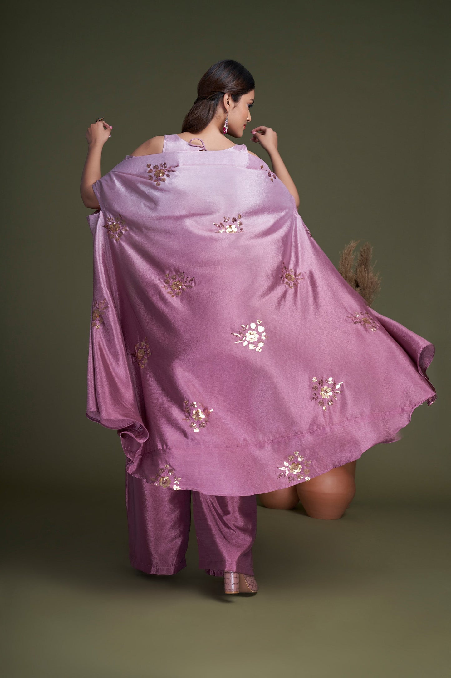 Pink Embroidered Chinnon Party Wear Palazzo