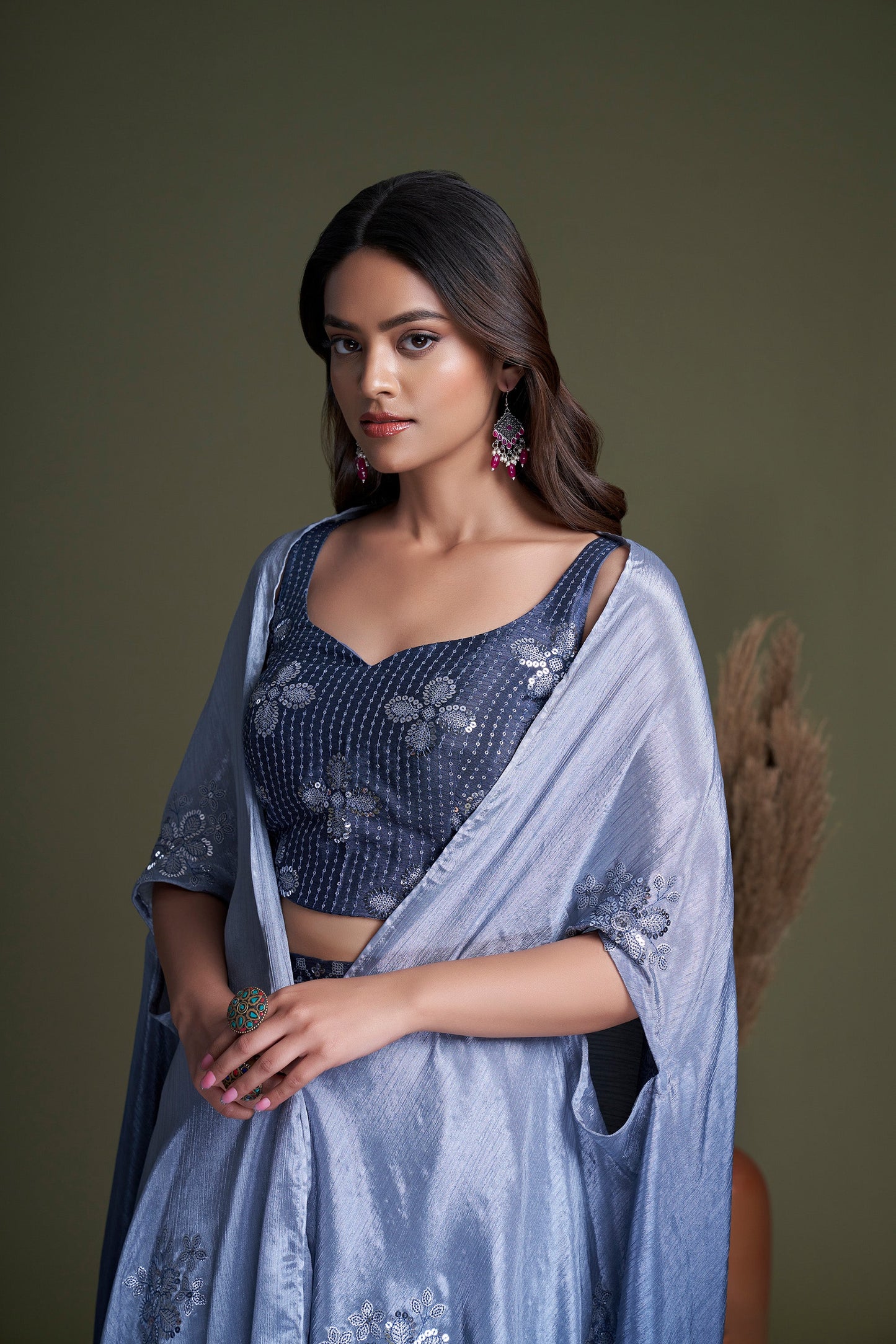 Navy Blue Embroidered Chinnon Party Wear Palazzo