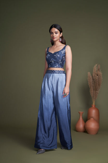 Navy Blue Embroidered Chinnon Party Wear Palazzo