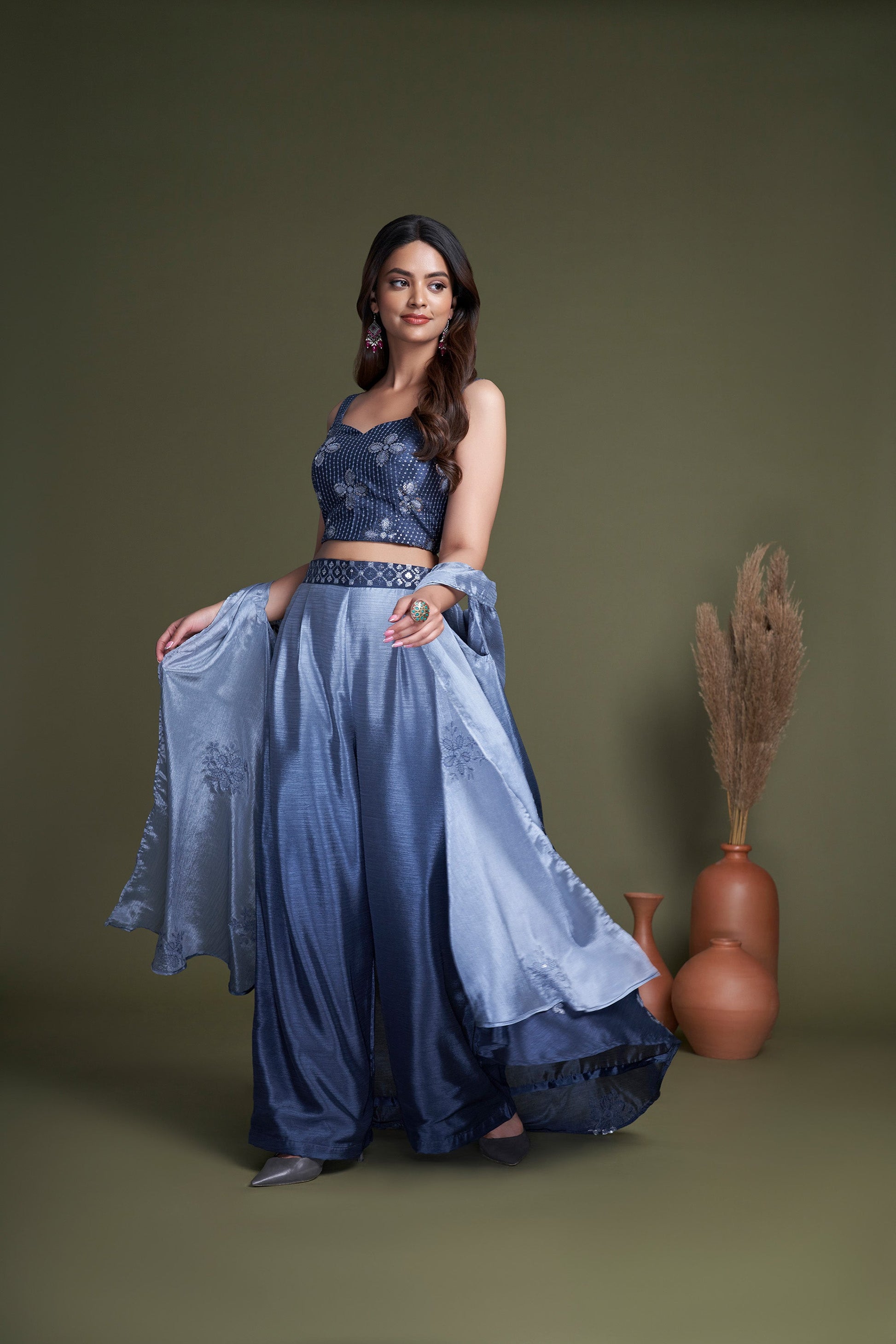 Navy Blue Embroidered Chinnon Party Wear Palazzo