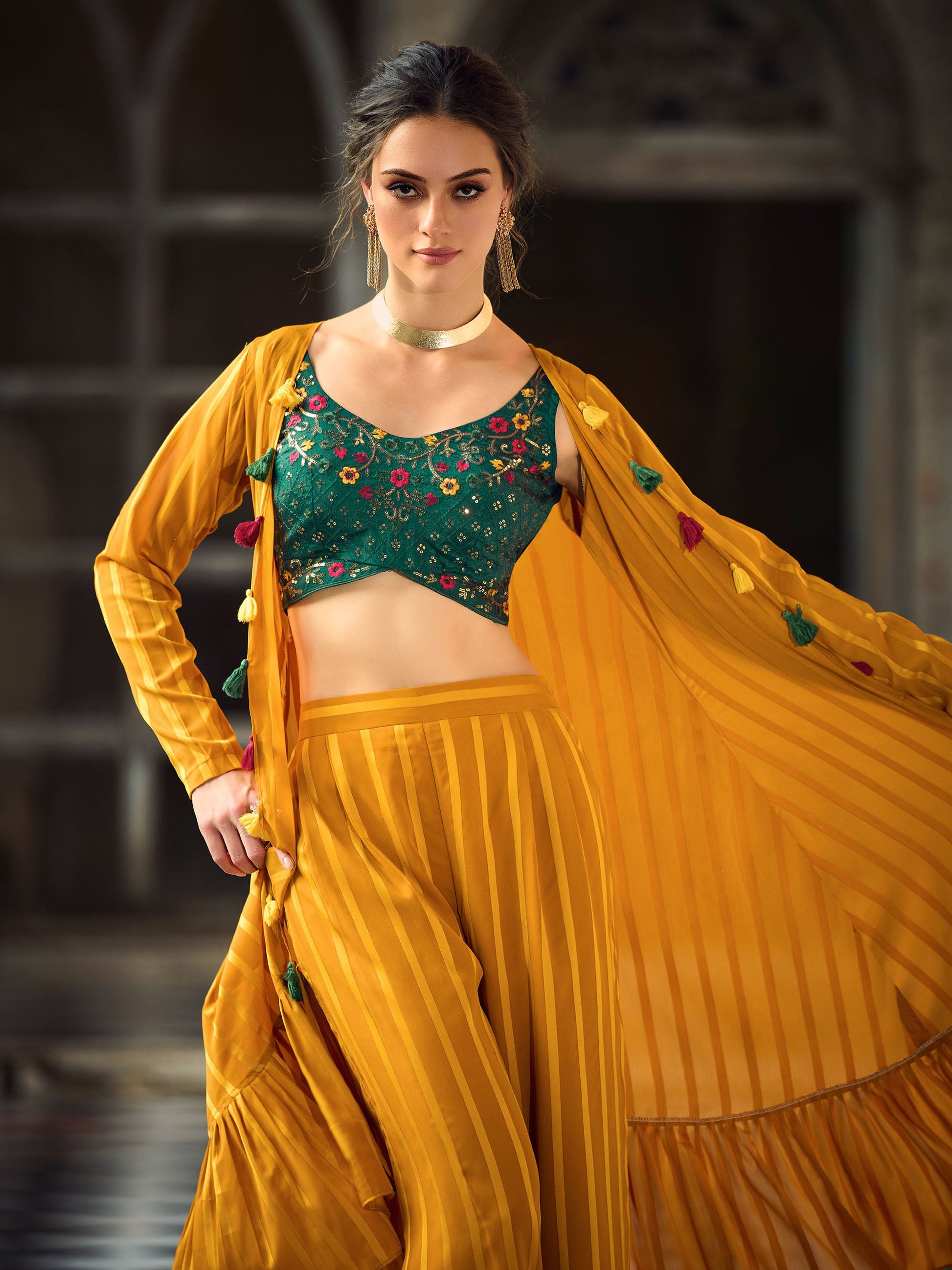 Yellow and Green Self Weaving Chinnon Crop Top Party Wear Set