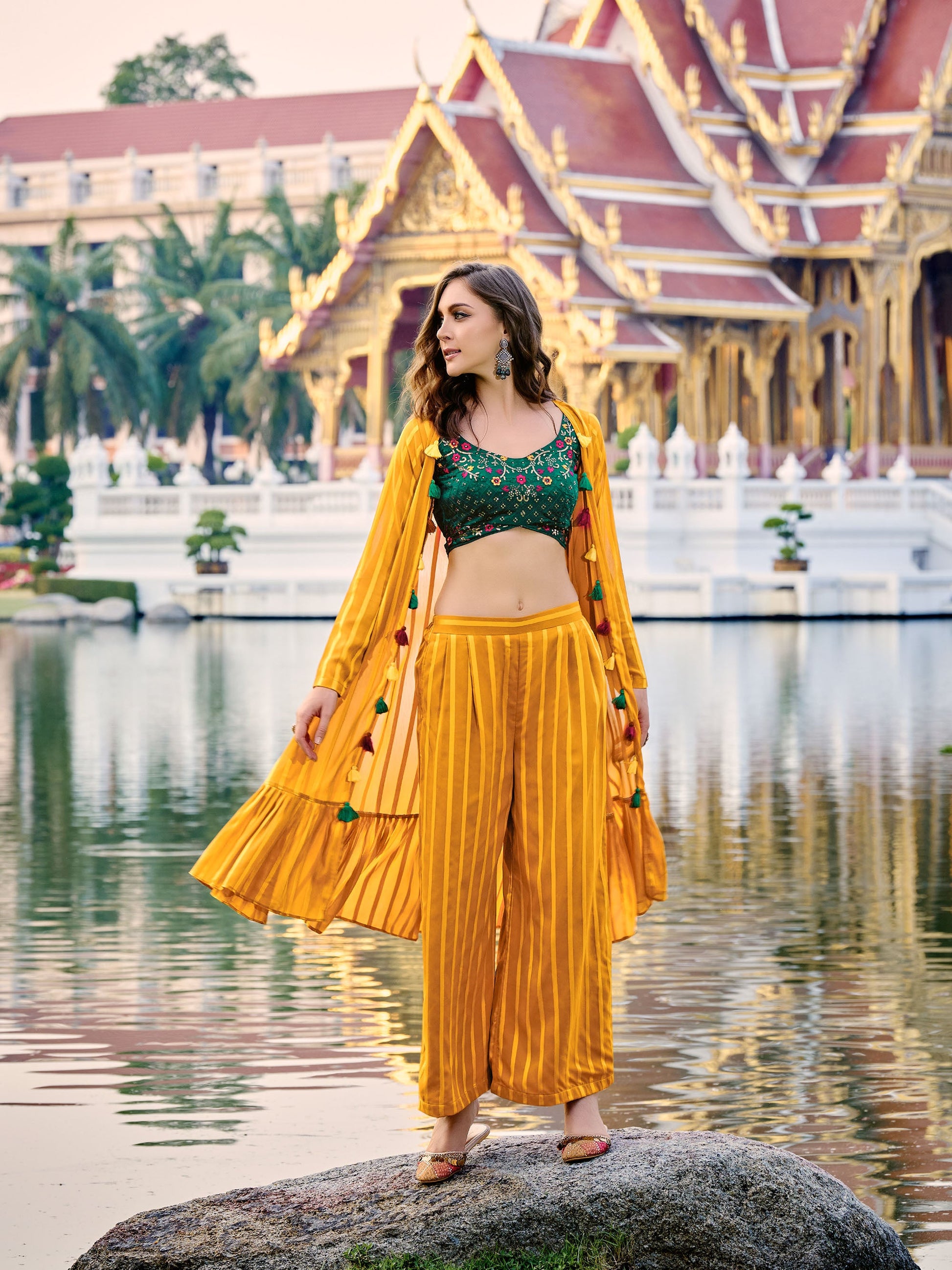 Yellow and Green Self Weaving Chinnon Crop Top Party Wear Set