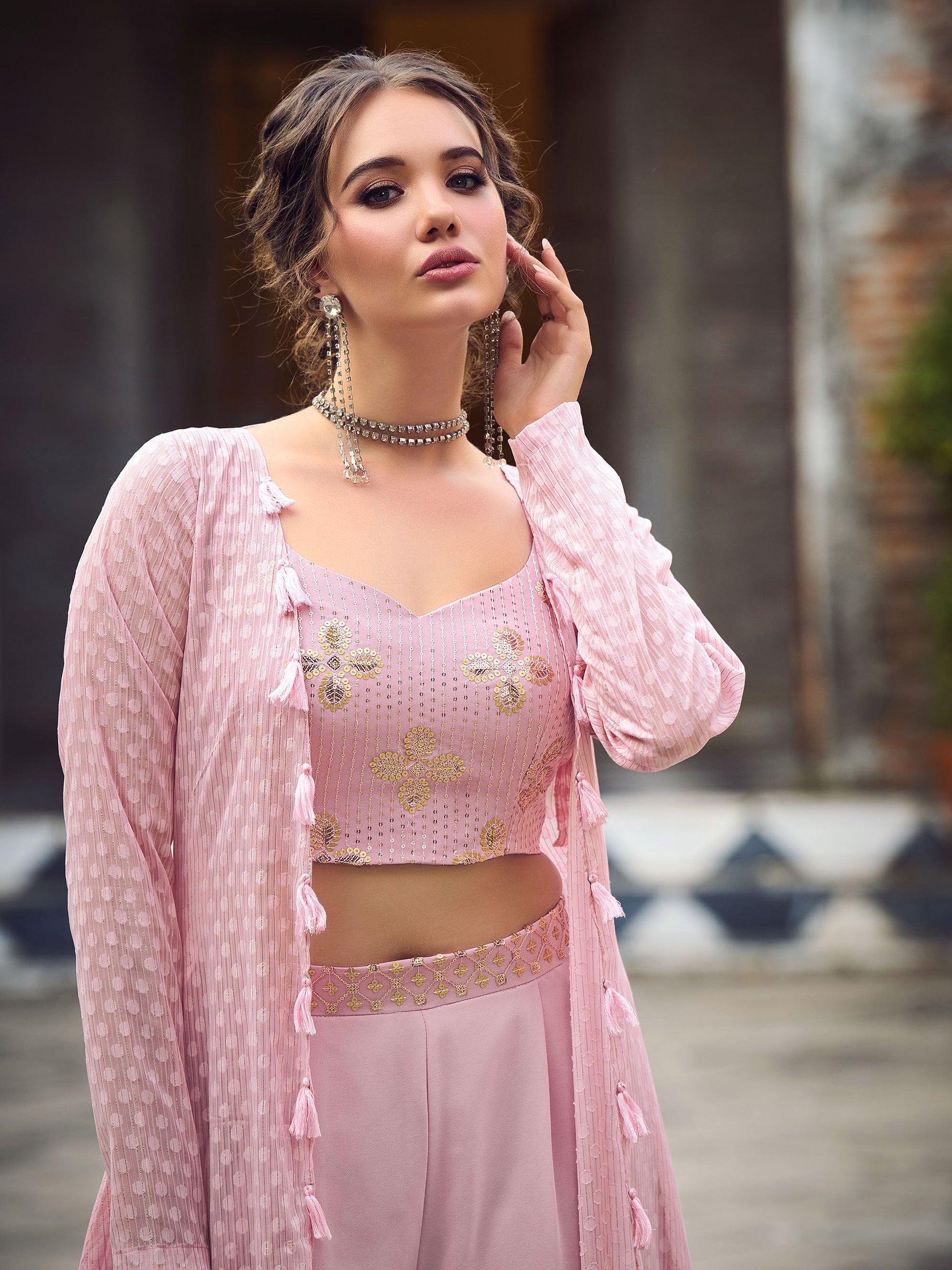 Dusty Pink Self Weaving Chinnon Crop Top Party Wear Set