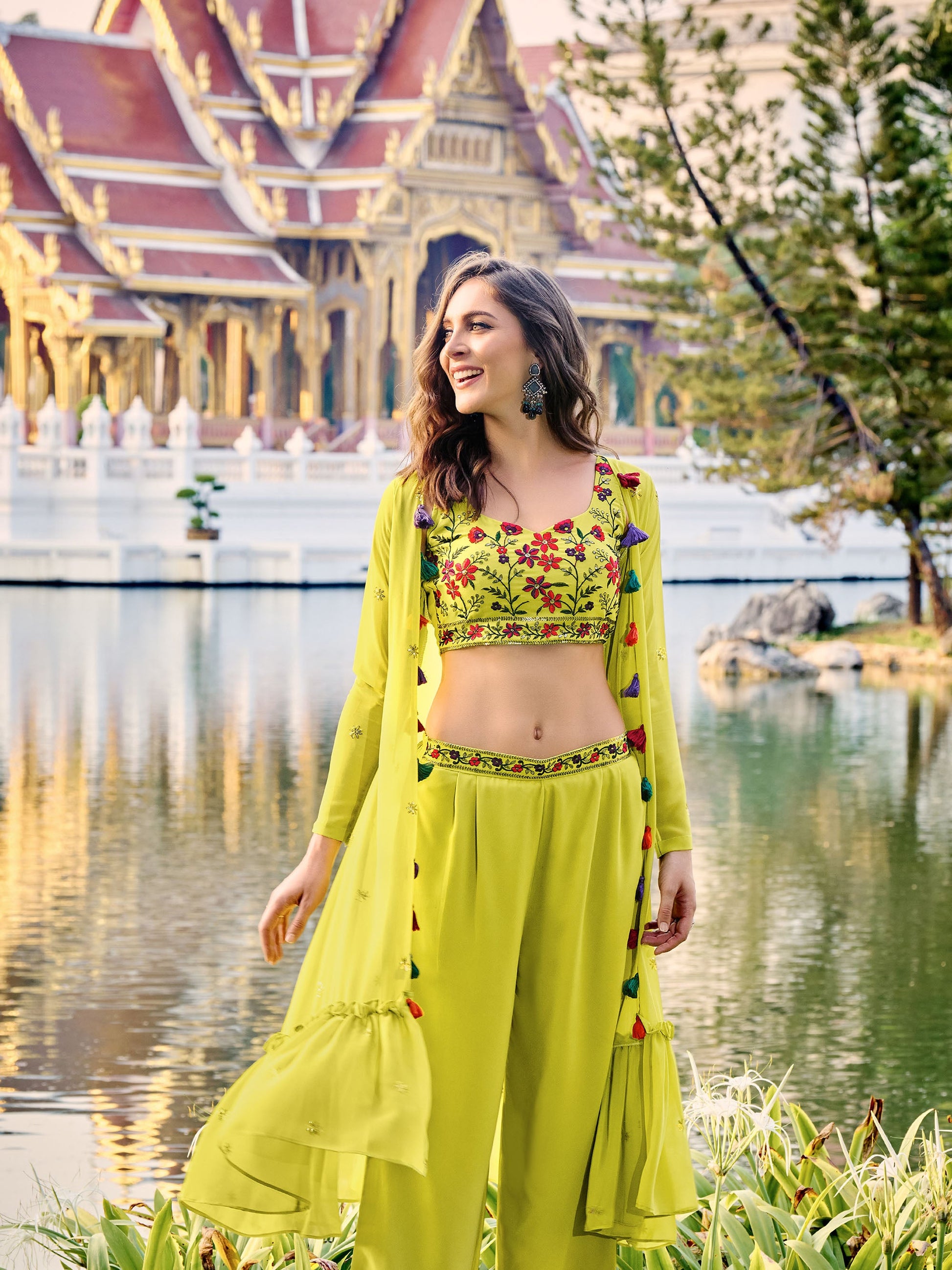 Green Self Weaving Chinnon Crop Top Party Wear Set