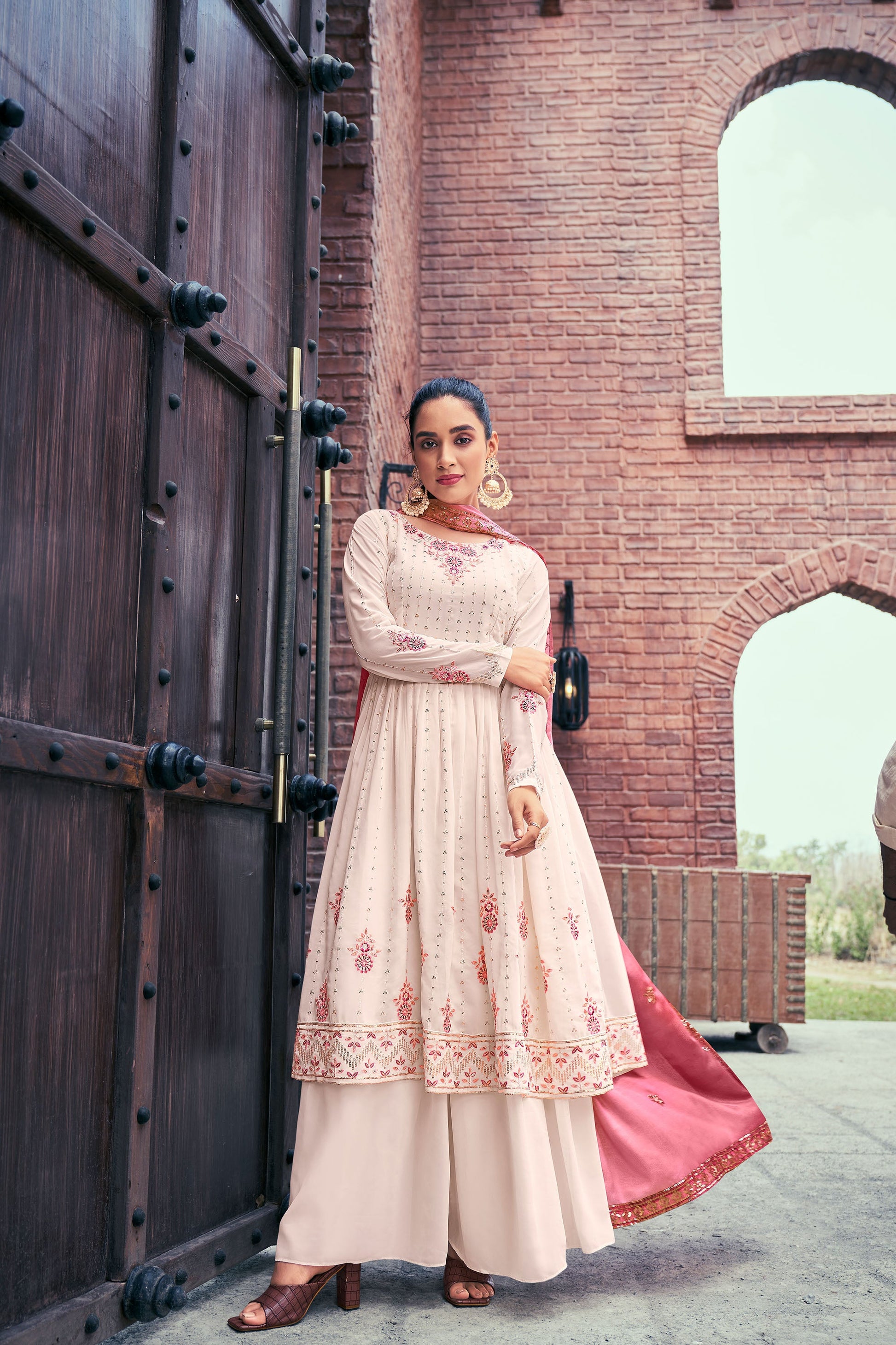 Light Brown Mirror Embroidery Georgette Kurta Set for Sangeet