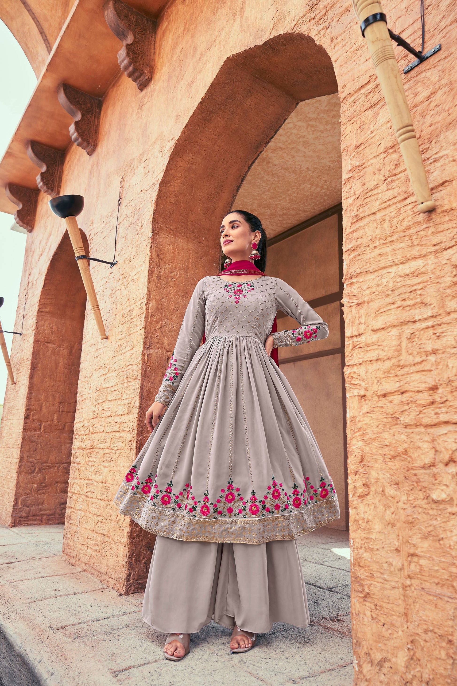 Grey Mirror Embroidery Georgette Kurta Set for Sangeet